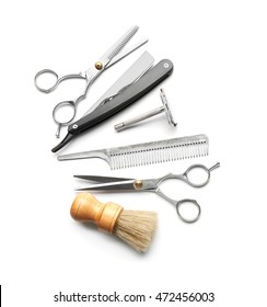 Vintage Tools Of Barber Shop On White Background