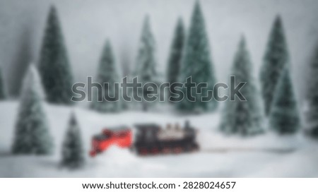A vintage toy train with a red engine and dark carriages travels through a snow-covered forest, carrying gifts for Christmas.
