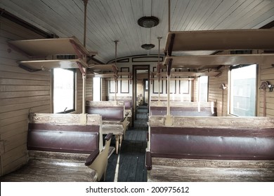 Vintage Train Interior With Wooden Seats