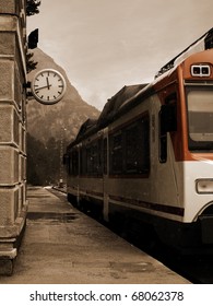 Vintage Train Station In Winter. Photo Taken In The Famous Canfranc Railway Station In Huesca, Spain, Huesca