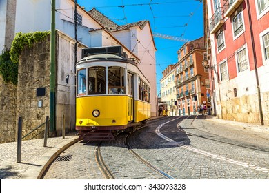 Vintage tram in the city center of Lisbon  Lisbon, Portugal in a summer day