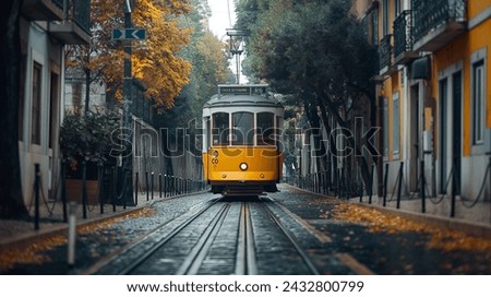 Vintage Tram on Lisbon Street, Historic yellow tram traveling down a cobblestone street in Lisbon