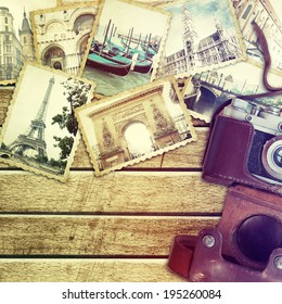 Vintage Travel Background With Old Photo.