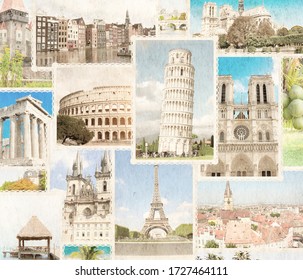 Vintage Travel Background With Retro Photos Of European Landmarks. Eiffel Tower In Paris, Leaning Tower Of Pisa, Colosseum In Rome, Old Houses In Amsterdam. Grunge Old Paper Texture 