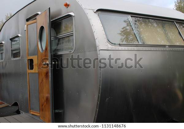 Vintage Travel Trailer Door Open Round Stock Photo Edit Now