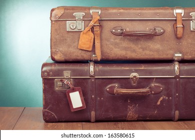 Vintage Travel Valises With Leather Name Tags Blanks