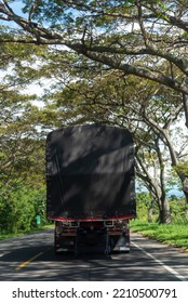 Vintage Truck With A Tarp Top On A Tree-covered Highway In Colombia.