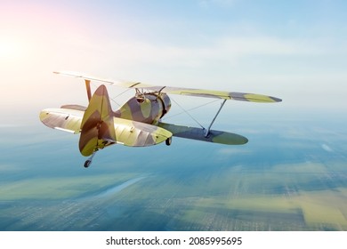 Vintage Turboprop Plane Flying In The Sky Speed Effect, Back View