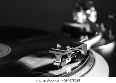 Vintage Turntable In Action Close Up