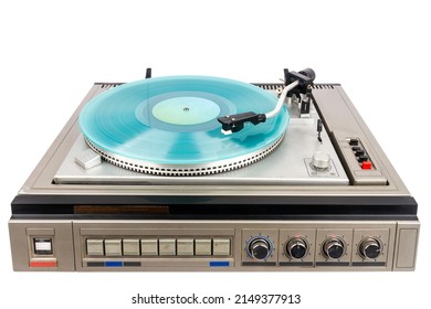 Vintage turntable record player with turquoise vinyl isolated on white background.