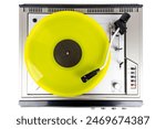 Vintage turntable record player with yellow vinyl isolated on white background.