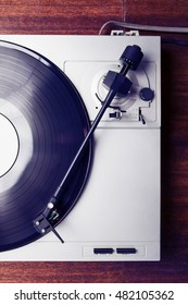 Vintage Turntable Top View.Retro Turn Tables Vinyl Music Player Overhead Shot.Old Classic Hipster Turn Table Records Player Playing Vinyl Record Disc With Music.Analog Hifi Turn Tables Player Top View