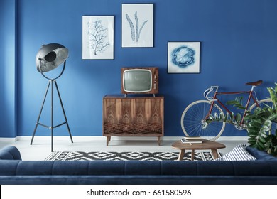 Vintage TV, Bike And Retro Lamp In Modern Living Room