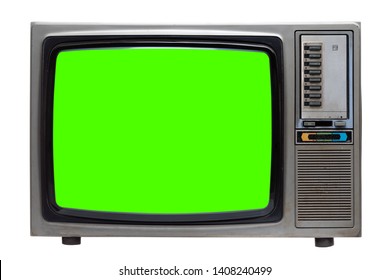 Vintage TV : Old Retro TV With Green Screen Isolated On White Background.