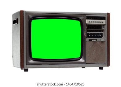 Vintage TV : Old Retro TV With Green Screen Isolated On White Background .