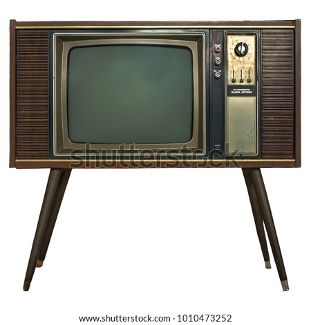 Vintage TV : old retro TV set in wooden cabinet on isolated white background with clipping path.