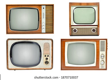 Vintage-TV-Set-Kollektion einzeln auf weißem Hintergrund, analoge Fernsehtechnologie 
