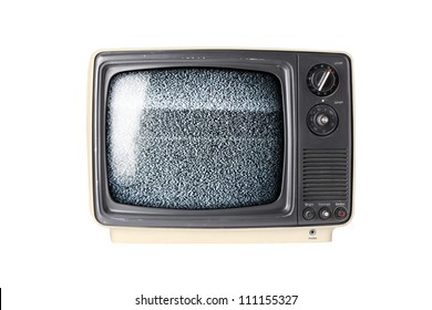 Vintage TV Set Isolated On White Background With Static