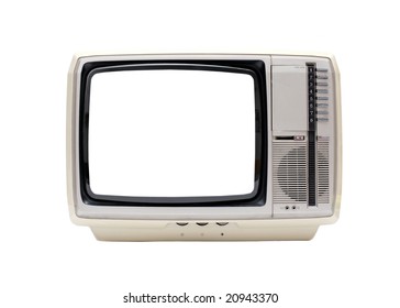 Vintage TV set isolated on white with blank white screen