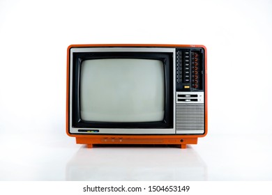 Vintage TV Set Isolated. Retro Television - Old Vintage  Red Television Isolate On White, Retro Technology. Ancient Tv Concept.