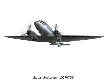 Vintage Twin Prop Cargo Plane Isolated Front And Left Side View With Spinning Propellers./ Vintage Airliner/Cargo Plane, Isolated / Beautiful Vintage Plane, A Great Way To Fly!