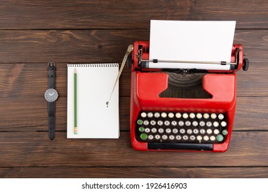 Vintage Typewriter And A Blank Sheet Of Paper, Writer Or Journalist Workplace