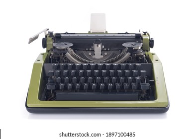 vintage typewriter isolated at white background, old styled retro machine