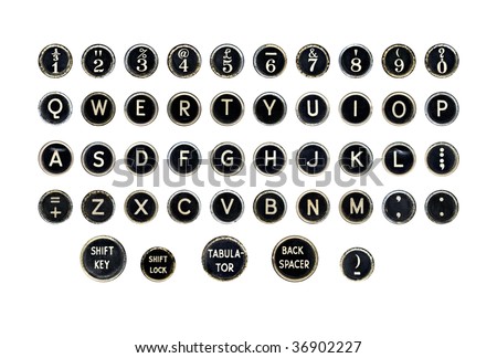 Vintage typewriter keys, isolated on white.  Includes alphabet, numerals, shift key, backspacer, and tabulator.  Each key photographed separately for best focus.  Lots of rust and dust.