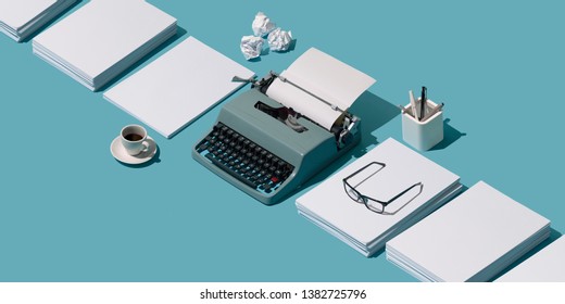 Vintage typewriter's header and piles of blank sheets, old-timey writer and blogger concept, isometric objects