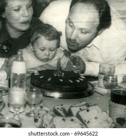 Vintage Unretouched Photo Of Parents And Daughter (1st Birthday)