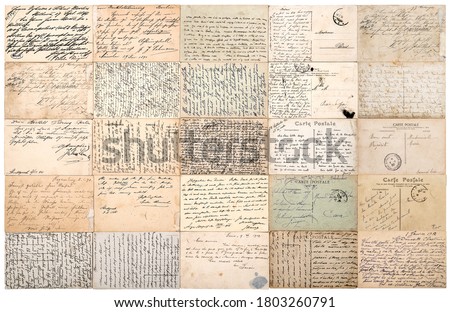Vintage used paper texture background. Antique postcards. Old handwritten undefined texts from ca. 1900. 