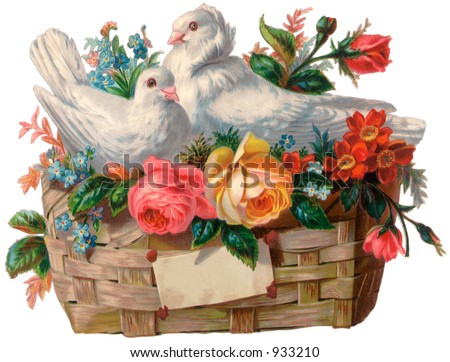 A vintage Valentine illustration of a love birds in a basket (circa 1890)