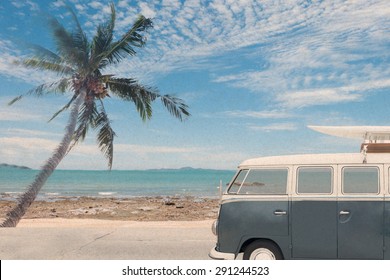 Vintage Van In The Beach With A Surfboard On The Roof,vintage Effect Filter Style Pictures