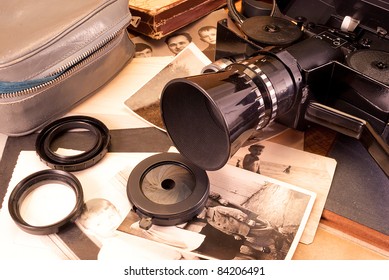 Vintage Video Camera, Accessories And Old Photo.