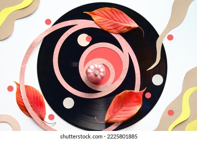 Vintage Vinyl Record. Abstract Paper Art Geometric Autumn Background. Fibonacci Circle Shapes, Natural Red Orange Fall Leaves, Paper Circles. Flat Lay, Top View, Romantic Music, Sound Background.