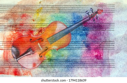Vintage violin background. Melody concept. Old music sheet in colorful watercolor paint and violin. Abstract colorful watercolor background. Colors of rainbow