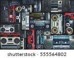 Vintage wall full of radio boombox of the 80s