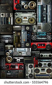Vintage wall full of radio boombox of the 80s - Shutterstock ID 555564796