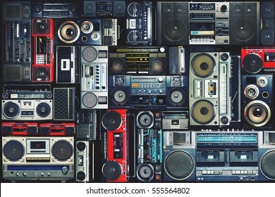 Vintage wall full of radio boombox of the 80s - Shutterstock ID 555564802