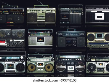 Vintage wall of radio boombox of the 80s - Shutterstock ID 693748108