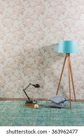 Vintage Wallpaper Interior Concept With Desk Lamp