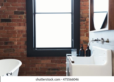 Vintage Warehouse Bathroom Conversion With Large Blank Window For Space For Text