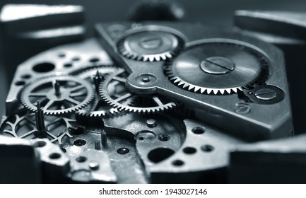 Vintage Watch Movement Under Repair, Watch Gears Close Up Detail 