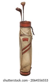 Vintage Weathered Golf Bag With Two Wooden Clubs Isolated On A White Background