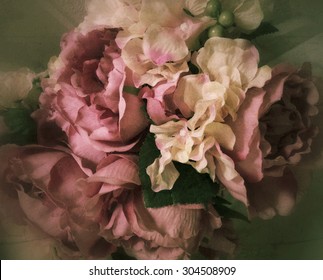 Vintage Wedding Bouquet Of Fabric Roses Background, Flowers Stylized And Filtered To Seem An Old, Victorian, Still Life Painting 