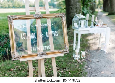Vintage Wedding Decoration White Table With Candles Prosecco Welcome Sign