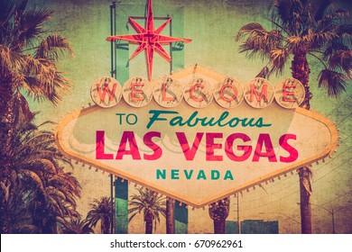 Vintage Welcome to Fabulous Las Vegas sign with retro grunge texture
