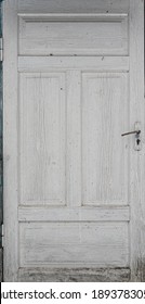 Vintage White Door With Pattern And Dirty Doorknob, Country House, Street Exit