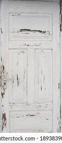 Vintage White Door With Pattern And Dirty Doorknob, Country House, Street Exit