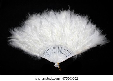 Vintage White Hand Feather Fan On Black Background